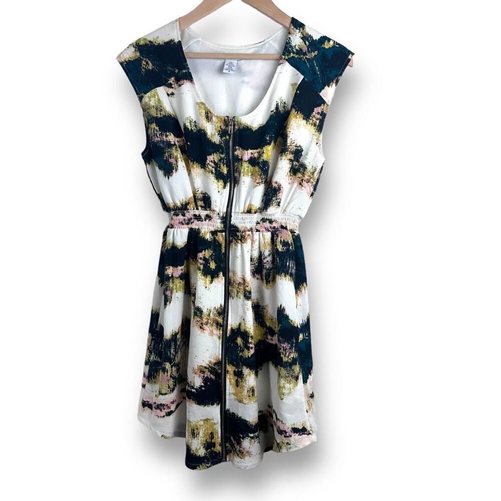 Bar‎ III Women's S Zipper Front Mini Dress Black Green Anstract Spot Fit N Flare